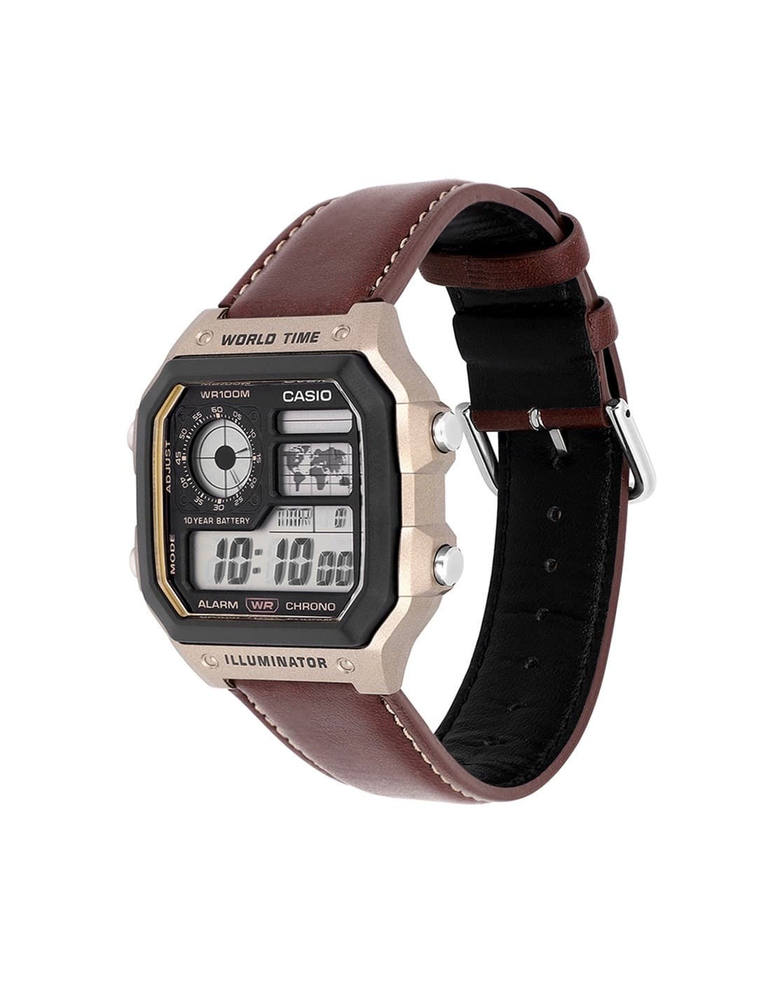 "The Casio Collection Watch AE-1200WHL-5AVEF World Time Digital Watch with Rich Brown Leather Strap for Men"