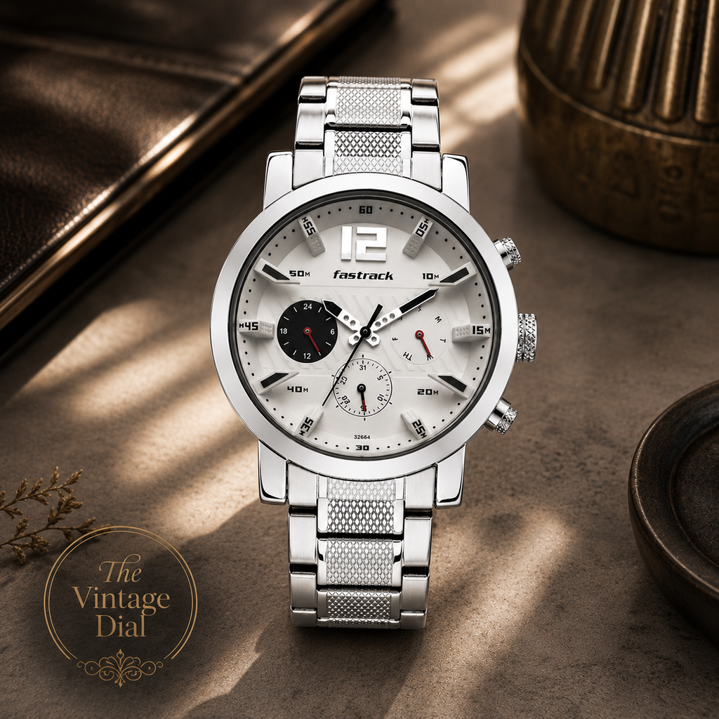 Fastrack Premium Silver Dial Chronograph Look Stainless Steel | The Vintage Dial