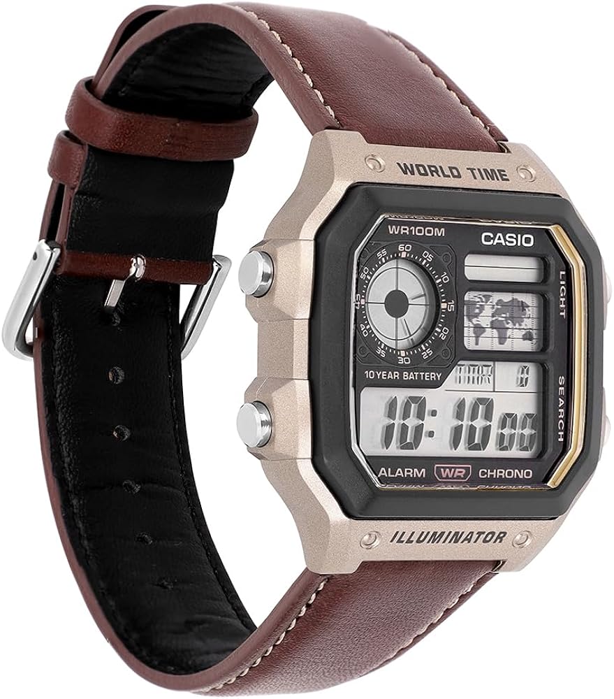 "The Casio Collection Watch AE-1200WHL-5AVEF World Time Digital Watch with Rich Brown Leather Strap for Men"