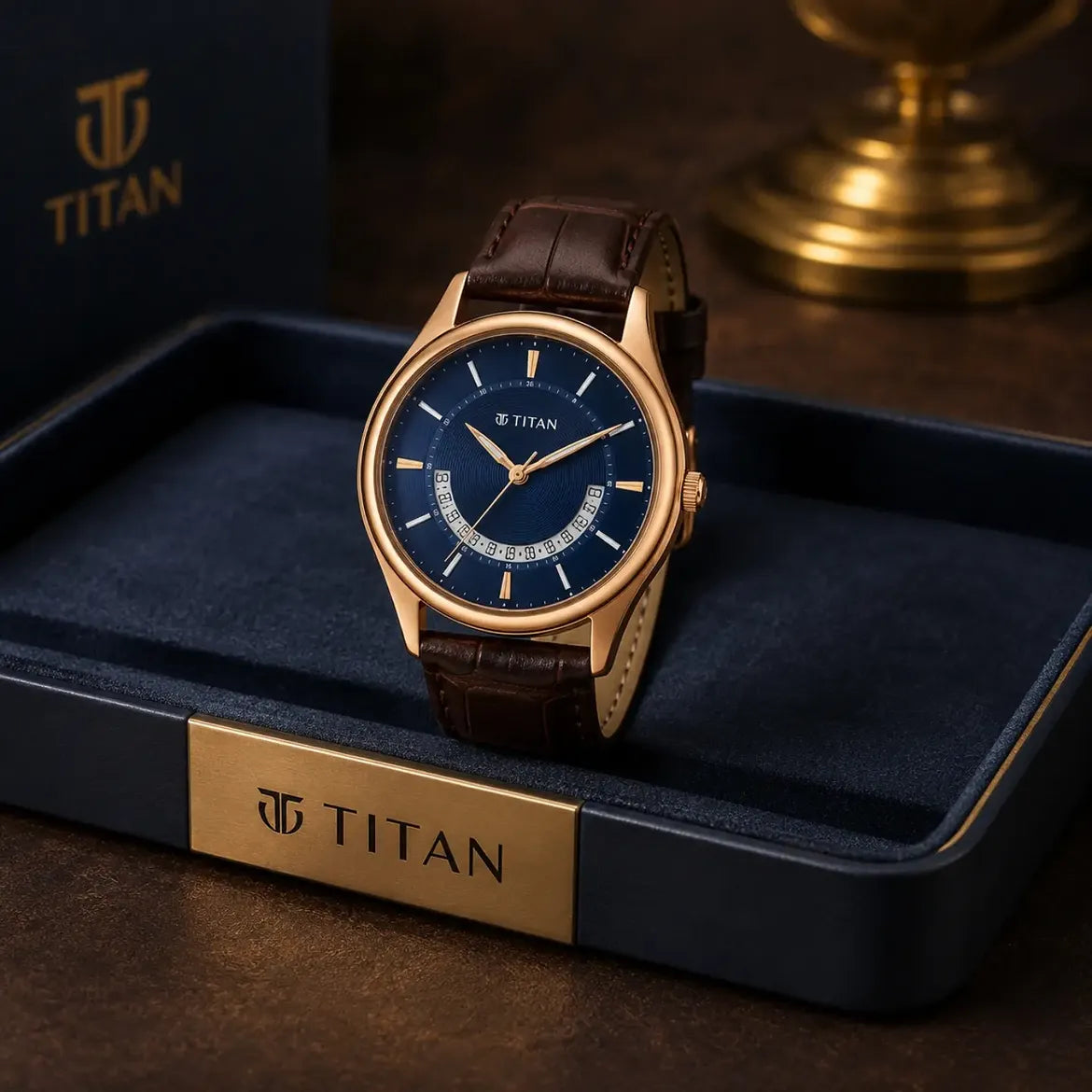 Titan Lagan Blue Dial Analog Watch For Men (1713WL01) Premium Leather Strap