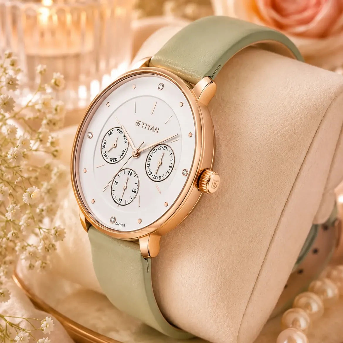 Titan Neo (2651WL09) Women's White Dial , Green Leather Strap Watch
