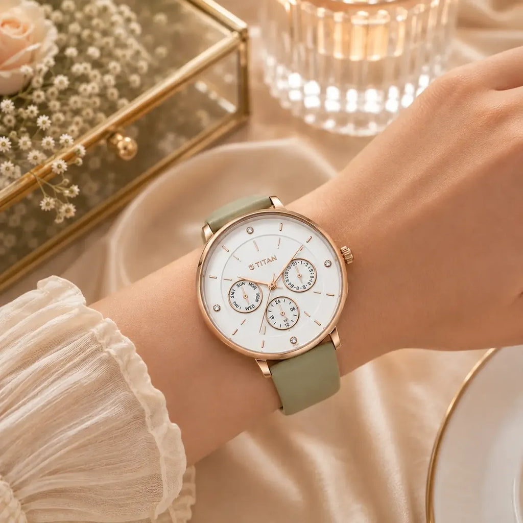 Titan Neo (2651WL09) Women's White Dial , Green Leather Strap Watch