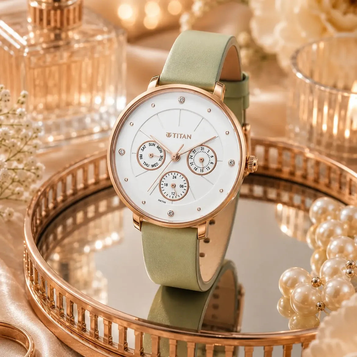 Titan Neo (2651WL09) Women's White Dial , Green Leather Strap Watch
