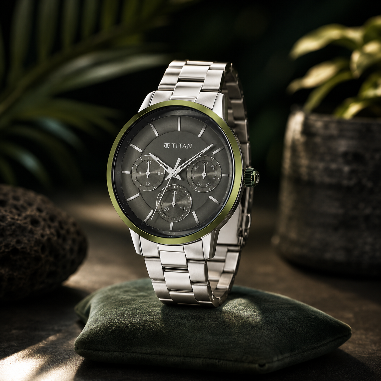 Titan Urban (90133KM01) Green Dial Multifunction Stainless Steel Watch for Men