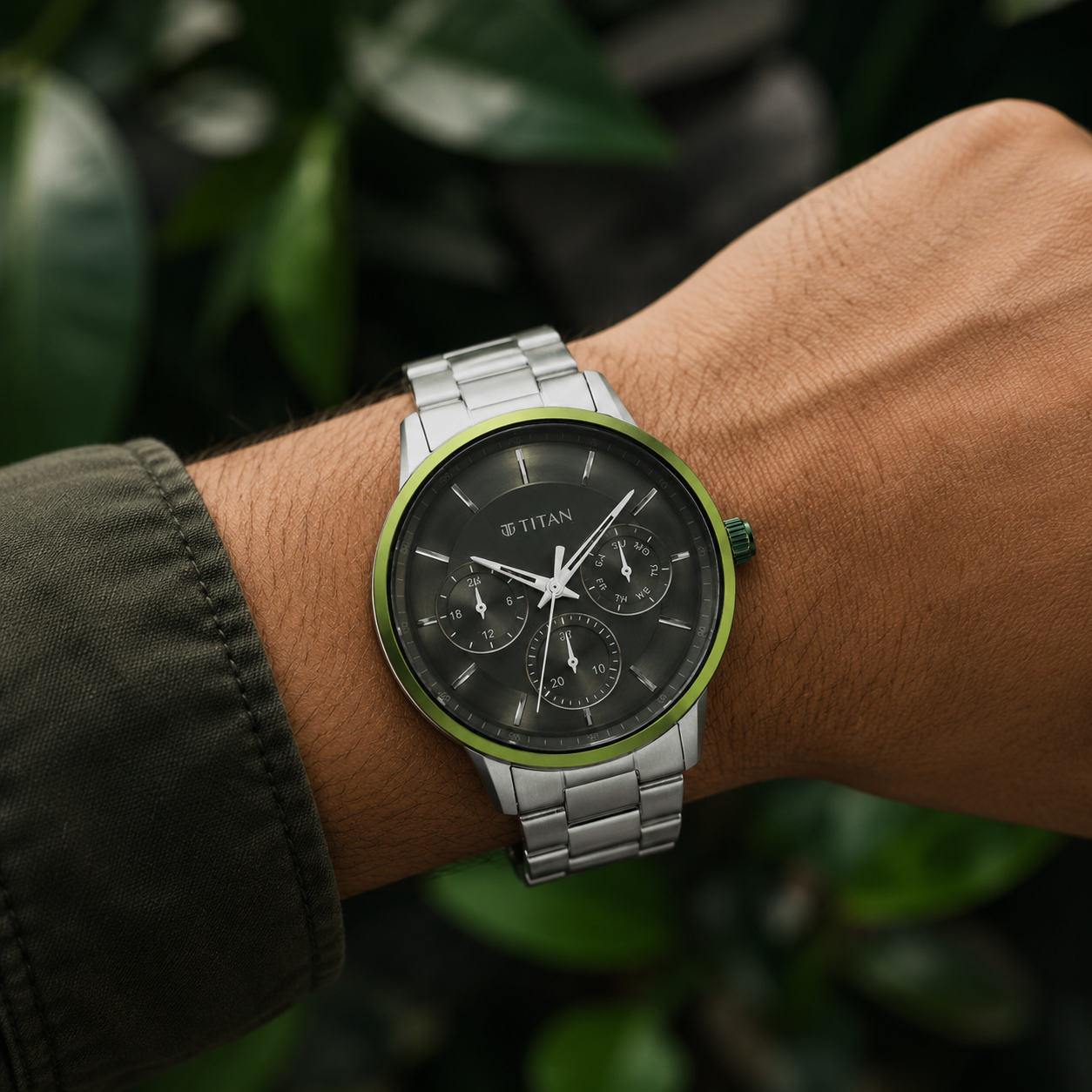 Titan Urban (90133KM01) Green Dial Multifunction Stainless Steel Watch for Men