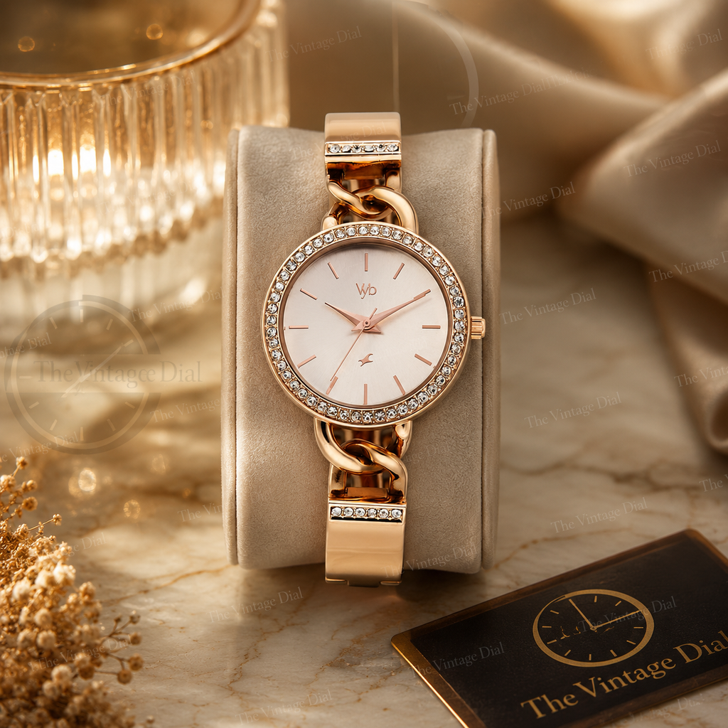 "Fastrack Rose Gold Crystal-Studded Bracelet Watch for Women - Premium Party Wear"