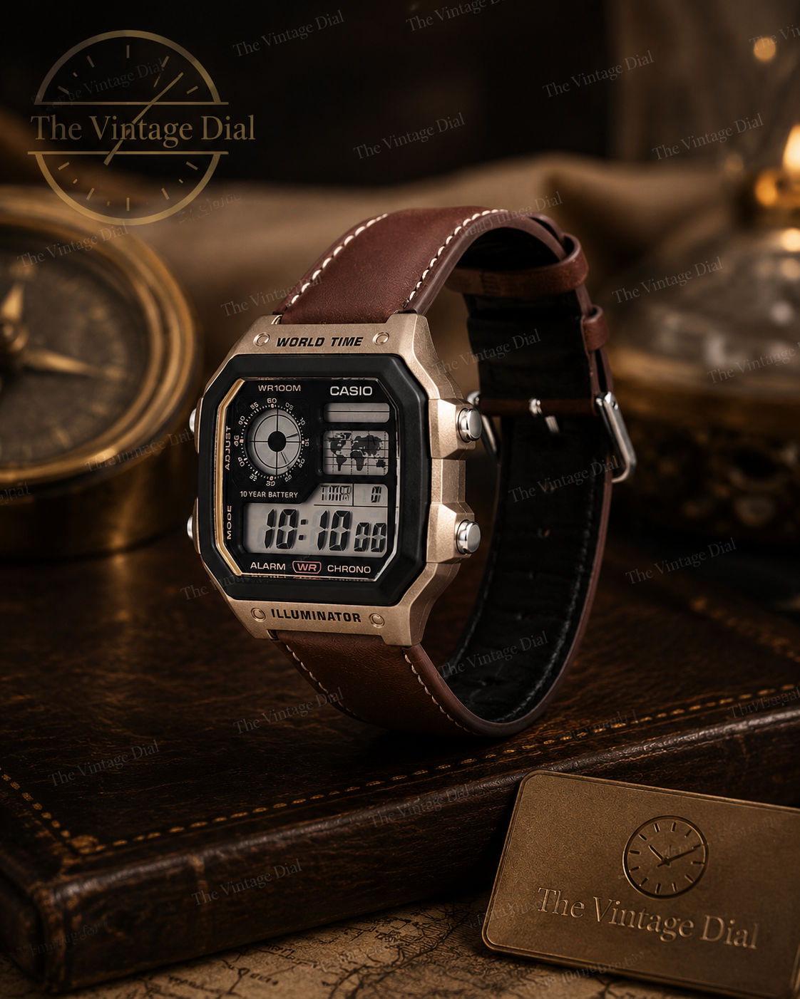 "The Casio Collection Watch AE-1200WHL-5AVEF World Time Digital Watch with Rich Brown Leather Strap for Men"