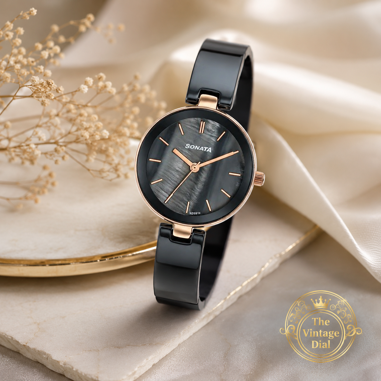 Sonata Festive 2.0 Black & Rose Gold Ceramic Strap Women Watch | The Vintage Dial