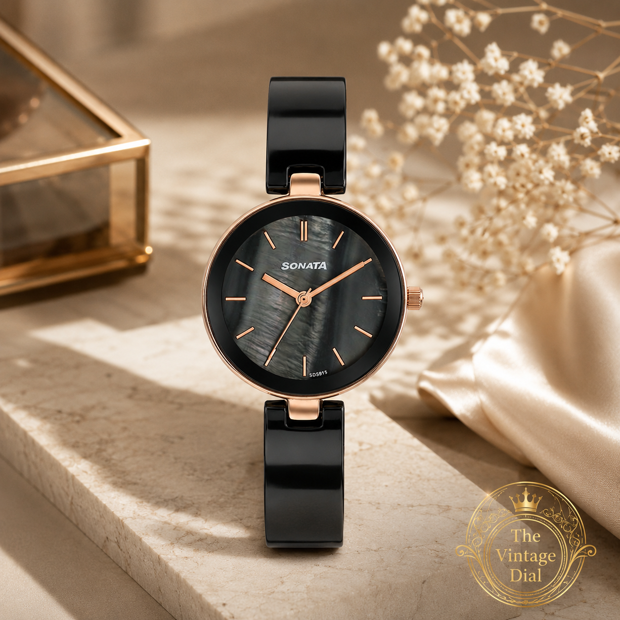 Sonata Festive 2.0 Black & Rose Gold Ceramic Strap Women Watch | The Vintage Dial