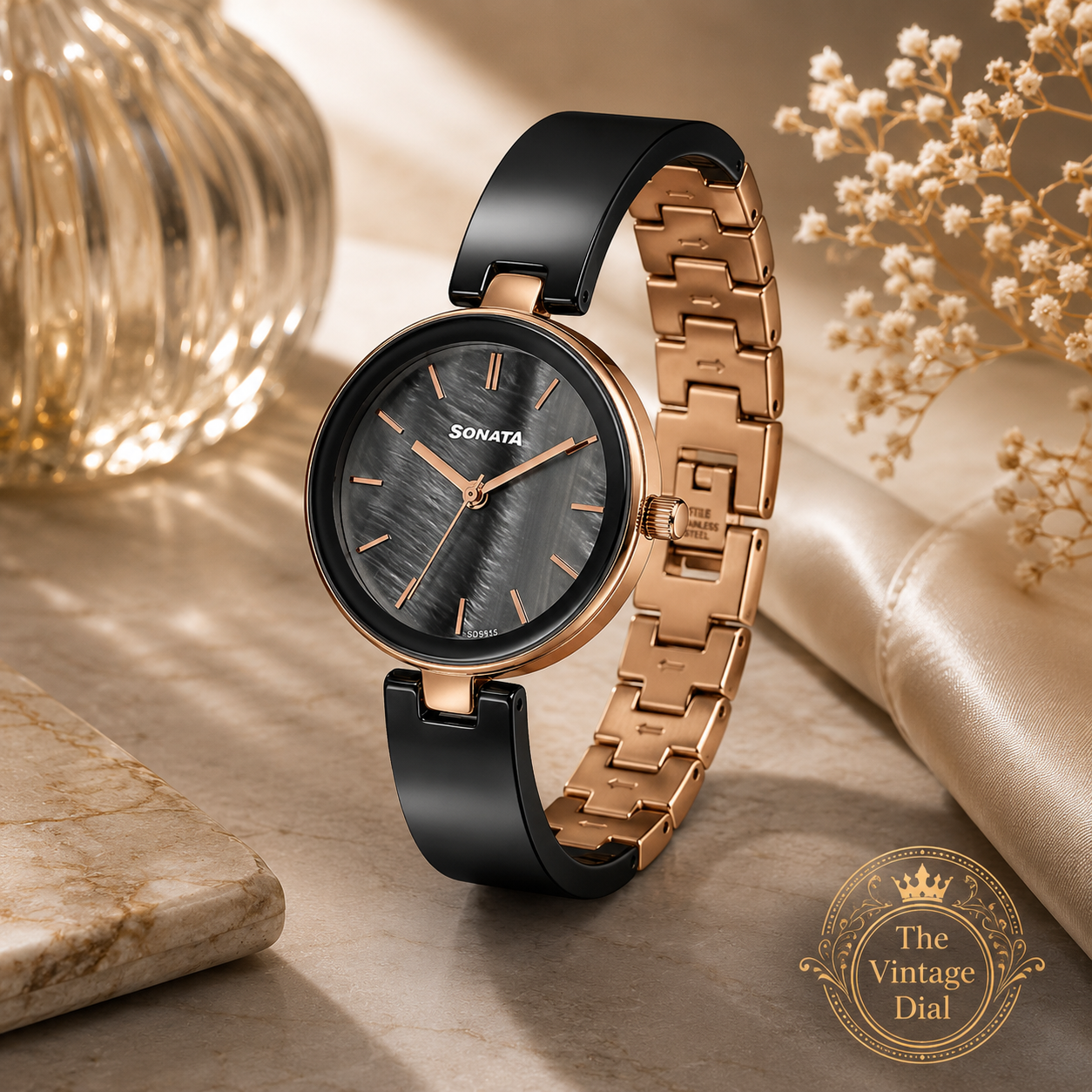 Sonata Festive 2.0 Black & Rose Gold Ceramic Strap Women Watch | The Vintage Dial