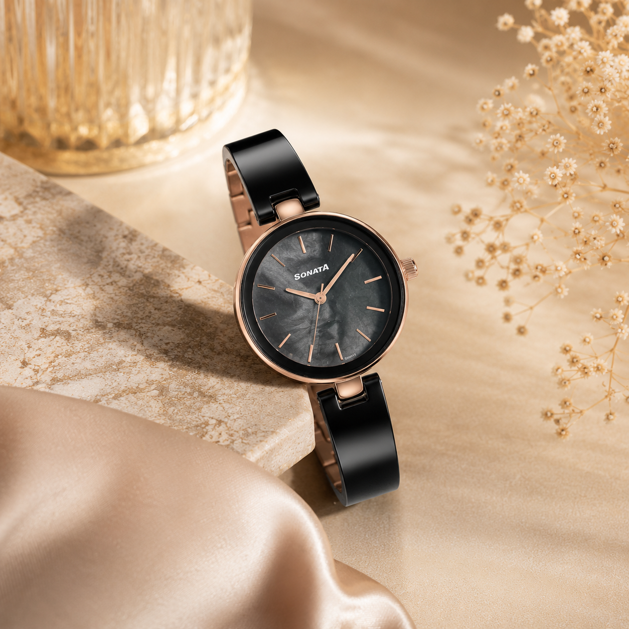 Sonata Festive 2.0 Black & Rose Gold Ceramic Strap Women Watch | The Vintage Dial