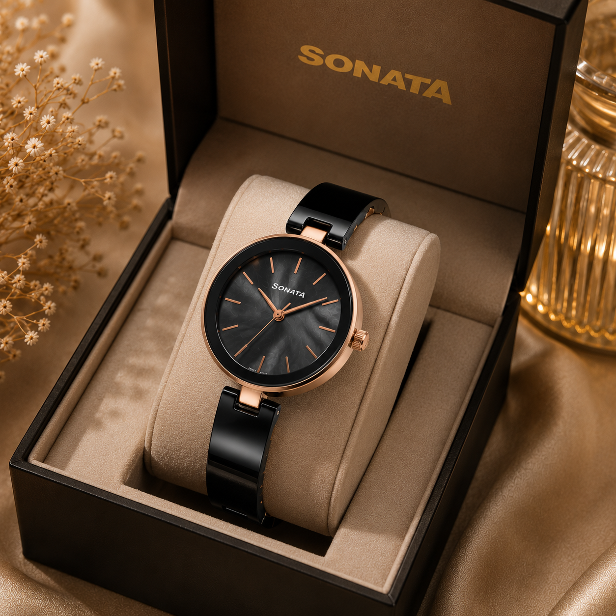 Sonata Festive 2.0 Black & Rose Gold Ceramic Strap Women Watch | The Vintage Dial