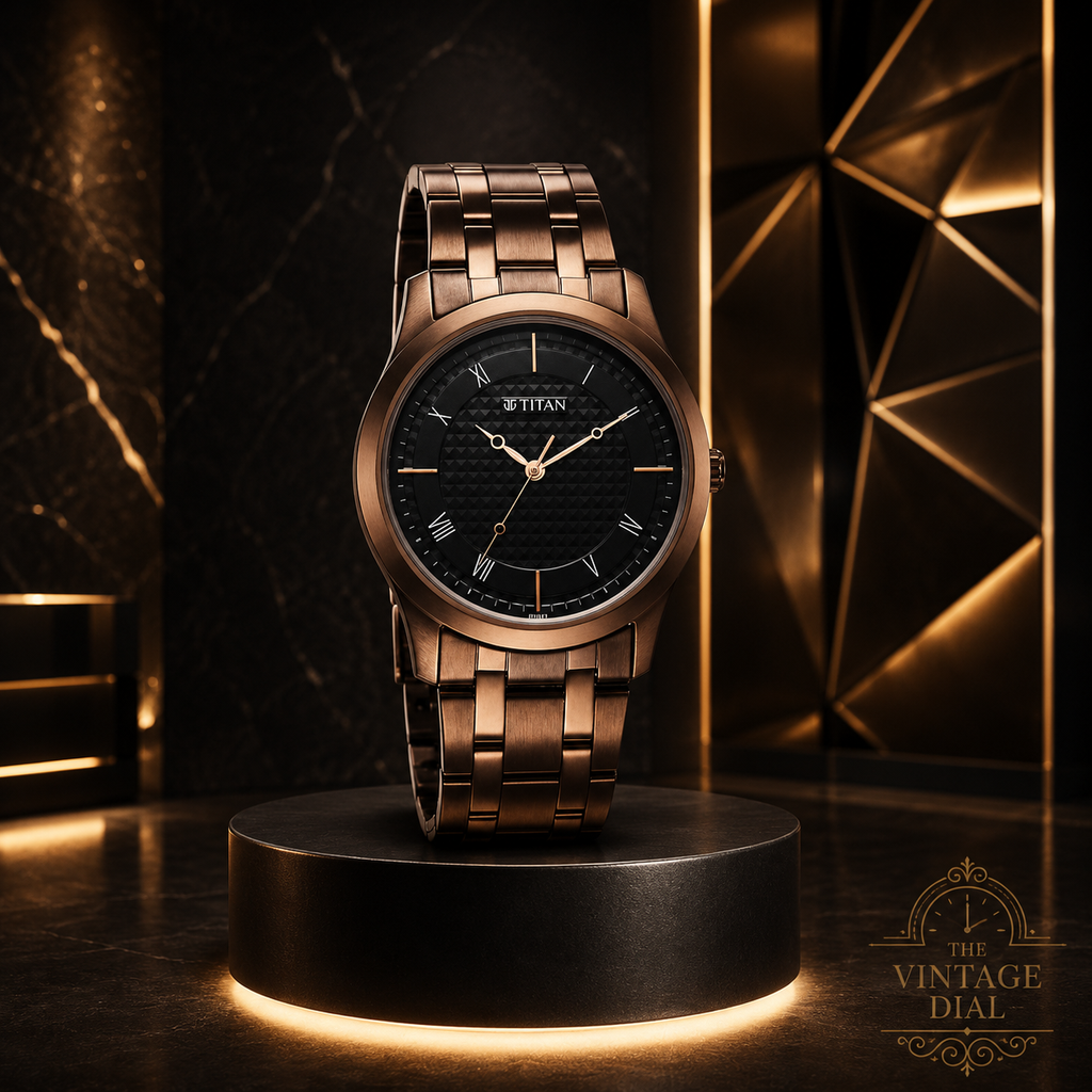 Titan Karishma Black Dial Analog Watch For Men (Model : 1823QM01) | Premium Mettalic Brown Strap