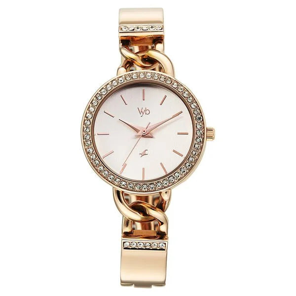 "Fastrack Rose Gold Crystal-Studded Bracelet Watch for Women - Premium Party Wear"