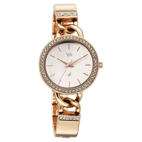 "Fastrack Rose Gold Crystal-Studded Bracelet Watch for Women - Premium Party Wear"