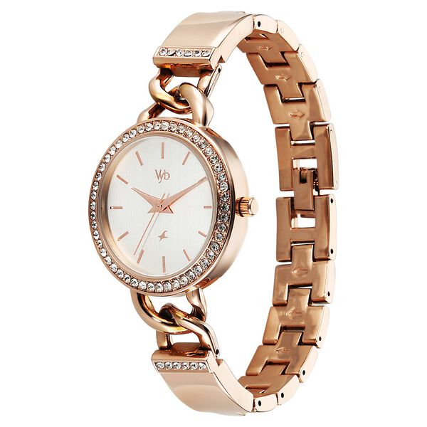 "Fastrack Rose Gold Crystal-Studded Bracelet Watch for Women - Premium Party Wear"