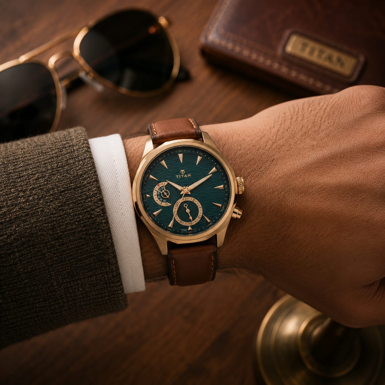 Titan Maritime 1829QL01 Green Dial Watch for Men With Brown Leather Strap