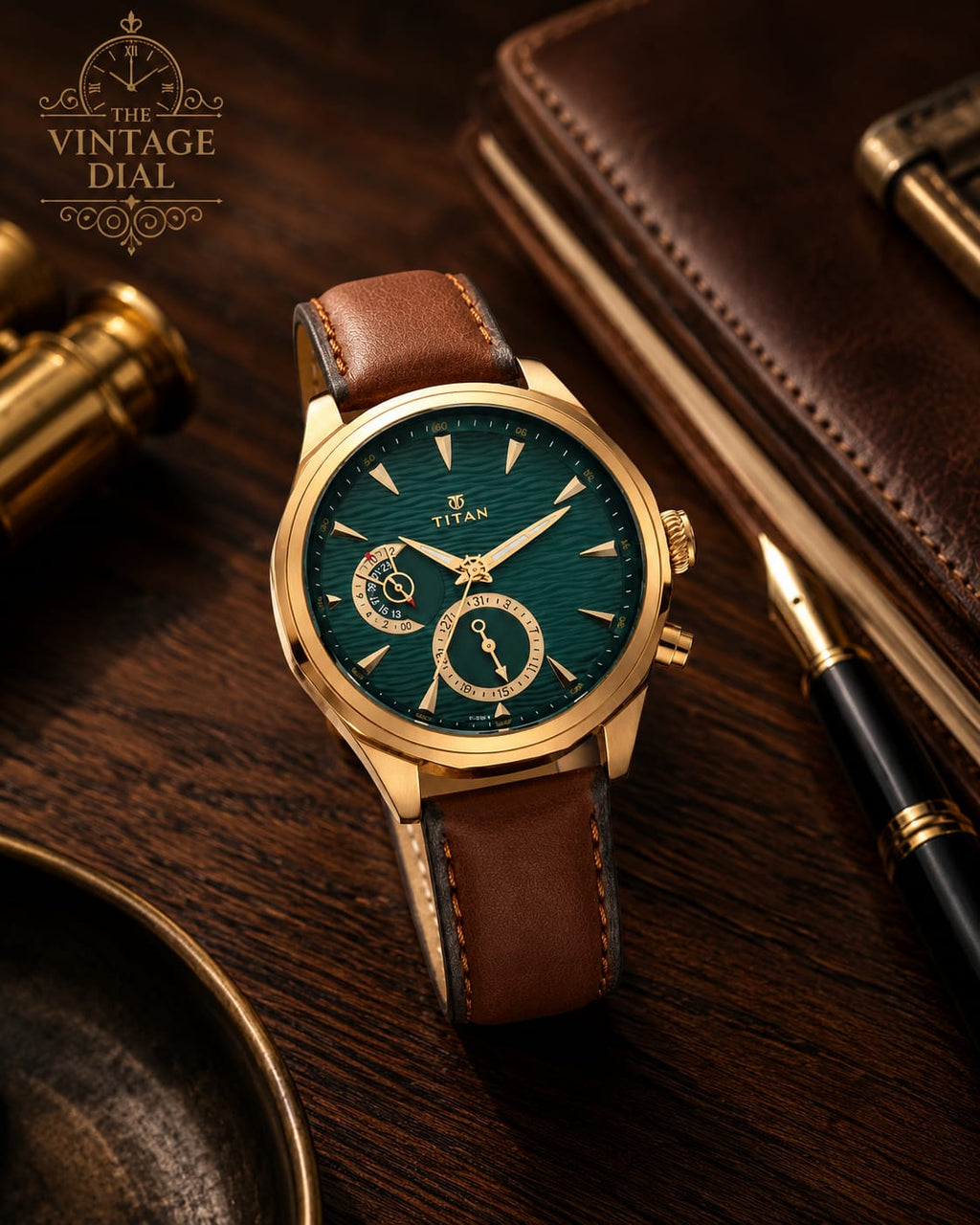 Titan Maritime 1829QL01 Green Dial Watch for Men With Brown Leather Strap