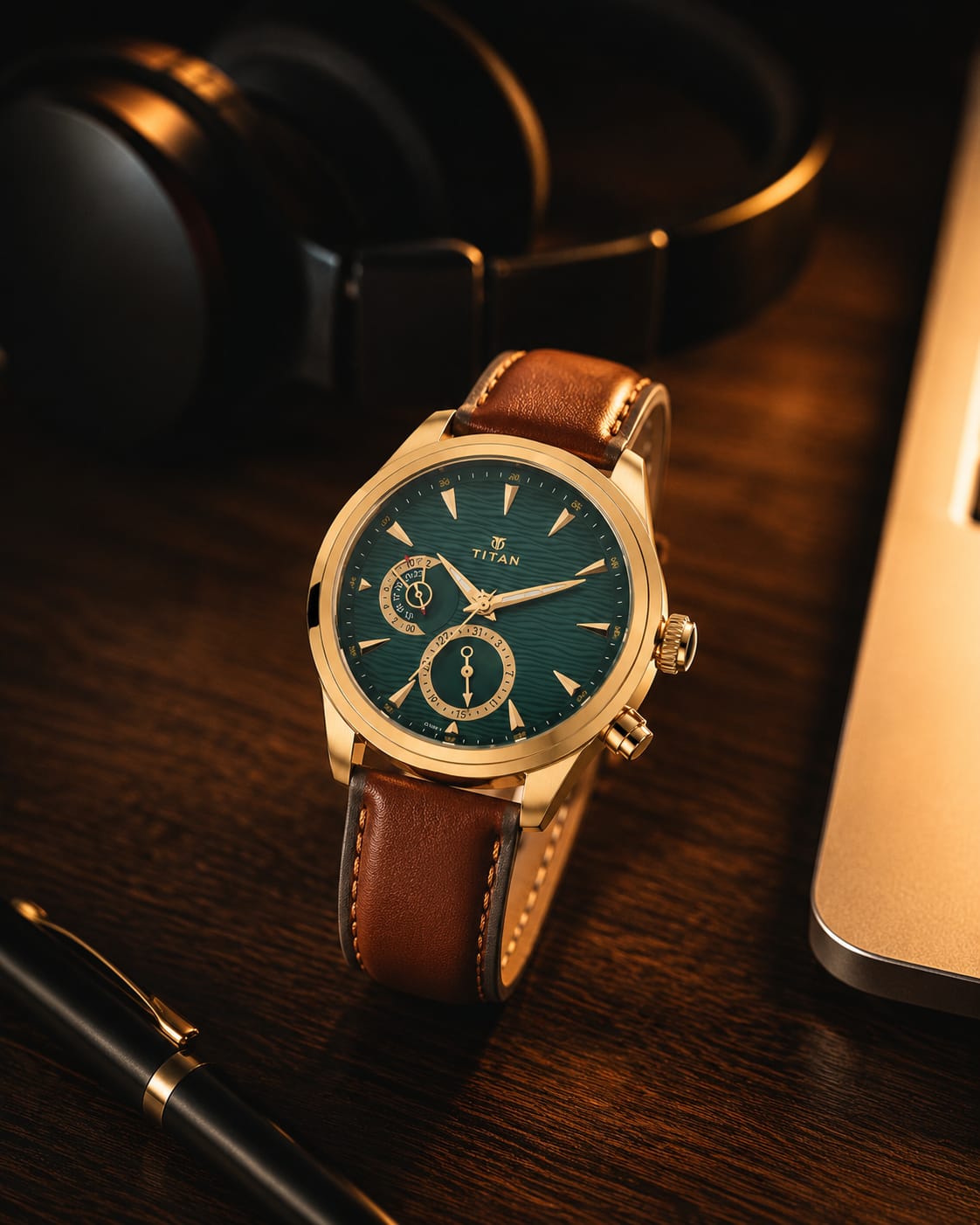 Titan Maritime 1829QL01 Green Dial Watch for Men With Brown Leather Strap