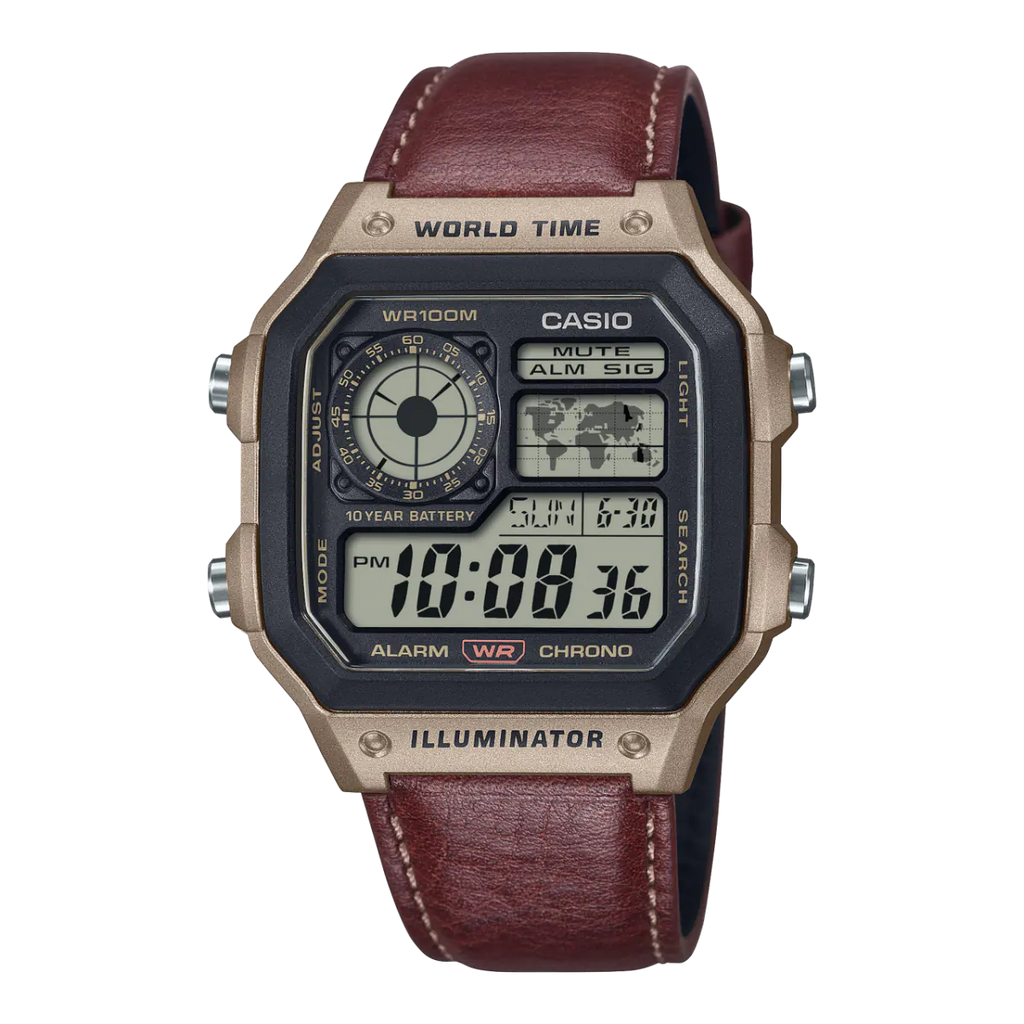 "The Casio Collection Watch AE-1200WHL-5AVEF World Time Digital Watch with Rich Brown Leather Strap for Men"