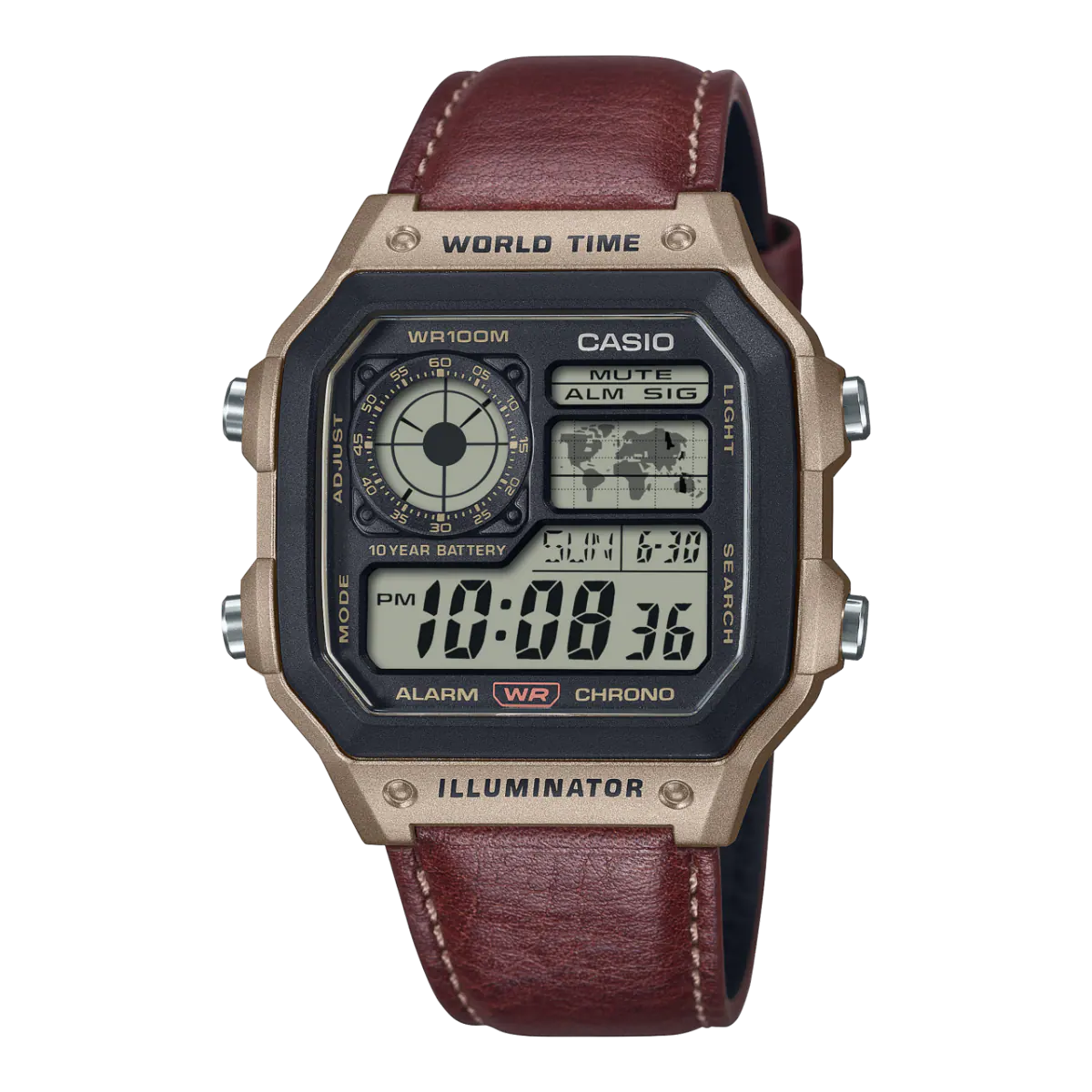 "The Casio Collection Watch AE-1200WHL-5AVEF World Time Digital Watch with Rich Brown Leather Strap for Men"