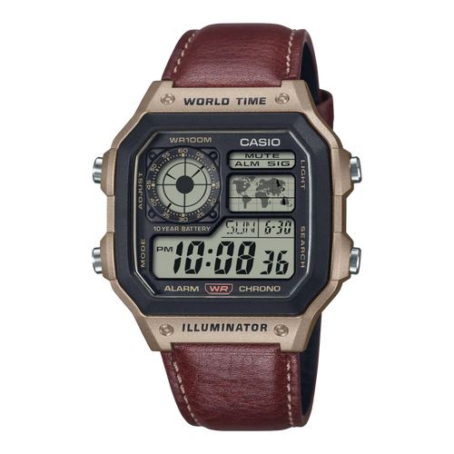 "The Casio Collection Watch AE-1200WHL-5AVEF World Time Digital Watch with Rich Brown Leather Strap for Men"